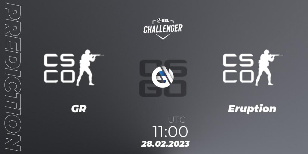 GR Gaming contre Eruption : prédiction de match. 28.02.2023 at 11:00. Counter-Strike (CS2), ESL Challenger Melbourne 2023 Asia Open Qualifier