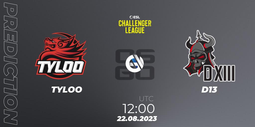 TYLOO contre D13 : prédiction de match. 22.08.23. CS2 (CS:GO), ESL Challenger League Season 46: Asia-Pacific
