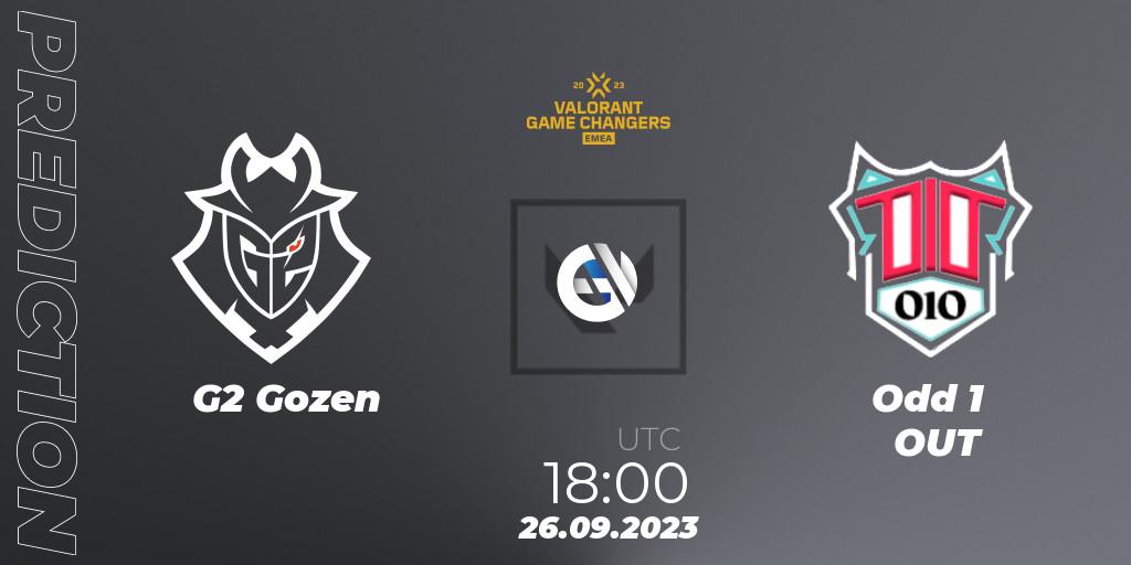 G2 Gozen contre Odd 1 OUT : prédiction de match. 26.09.2023 at 18:00. VALORANT, VCT 2023: Game Changers EMEA Stage 3 - Group Stage