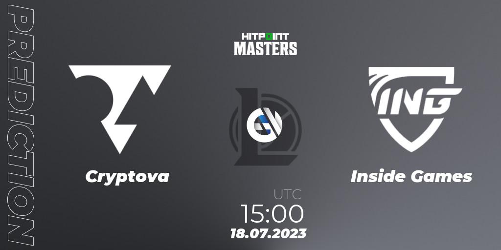 Cryptova contre Inside Games : prédiction de match. 23.06.2023 at 14:00. LoL, Hitpoint Masters Summer 2023 - Group Stage