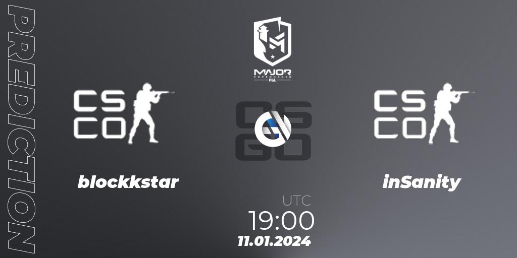 blockkstar contre inSanity : prédiction de match. 11.01.2024 at 19:00. Counter-Strike (CS2), PGL CS2 Major Copenhagen 2024 South America RMR Open Qualifier 2