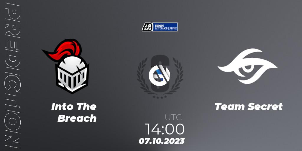 Into The Breach contre Team Secret : prédiction de match. 07.10.2023 at 14:00. Rainbow Six, Europe League 2023 - Stage 2 - Last Chance Qualifiers