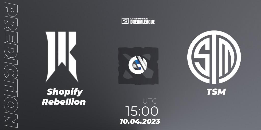 Shopify Rebellion contre TSM : prédiction de match. 10.04.2023 at 15:04. Dota 2, DreamLeague Season 19 - Group Stage 1