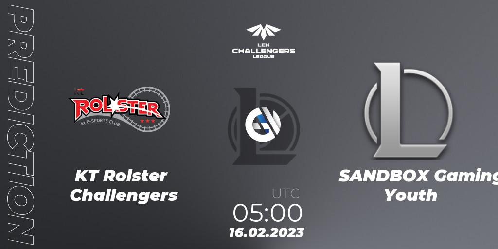 KT Rolster Challengers contre SANDBOX Gaming Youth : prédiction de match. 16.02.2023 at 05:00. LoL, LCK Challengers League 2023 Spring