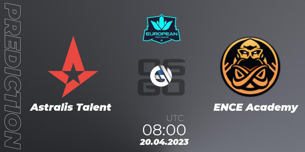 Astralis Talent contre ENCE Academy : prédiction de match. 20.04.2023 at 08:00. Counter-Strike (CS2), European Pro League Season 7