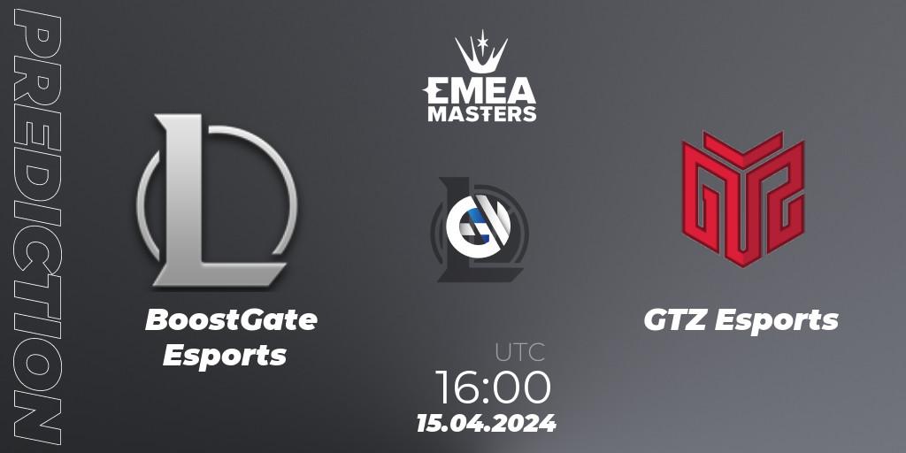 BoostGate Esports contre GTZ Esports : prédiction de match. 15.04.2024 at 16:00. LoL, EMEA Masters Spring 2024 - Play-In