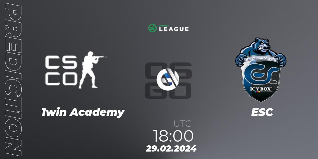 1win Academy contre ESC : prédiction de match. 29.02.2024 at 18:00. Counter-Strike (CS2), ESEA Season 48: Advanced Division - Europe