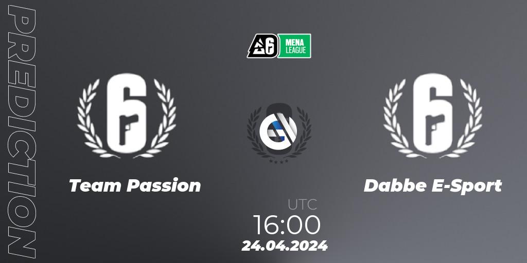 Team Passion contre Dabbe E-Sport : prédiction de match. 24.04.2024 at 16:00. Rainbow Six, MENA League 2024 - Stage 1