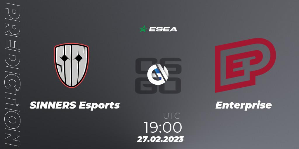 SINNERS Esports contre Enterprise : prédiction de match. 03.03.2023 at 14:00. Counter-Strike (CS2), ESEA Season 44: Advanced Division - Europe
