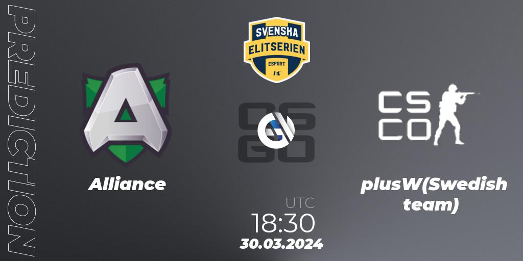 Alliance contre plusW(Swedish team) : prédiction de match. 28.03.2024 at 15:10. Counter-Strike (CS2), Svenska Elitserien Spring 2024