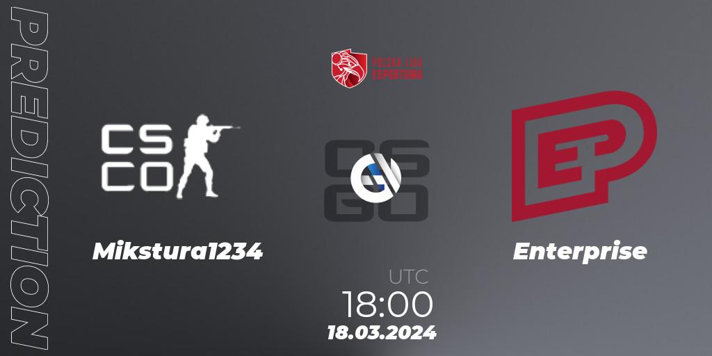 Mikstura1234 contre Enterprise : prédiction de match. 18.03.2024 at 18:00. Counter-Strike (CS2), Polska Liga Esportowa 2024: Split #1