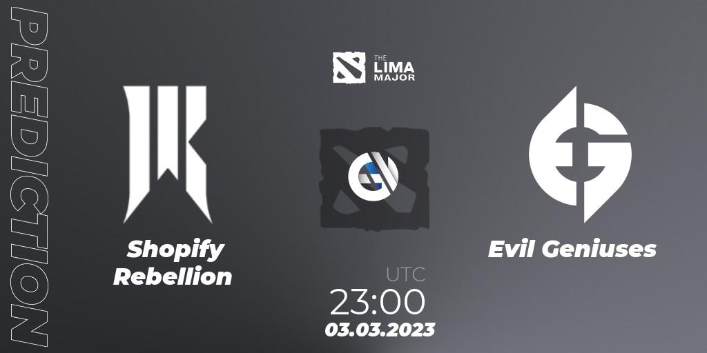 Shopify Rebellion contre Evil Geniuses : prédiction de match. 03.03.2023 at 23:37. Dota 2, The Lima Major 2023