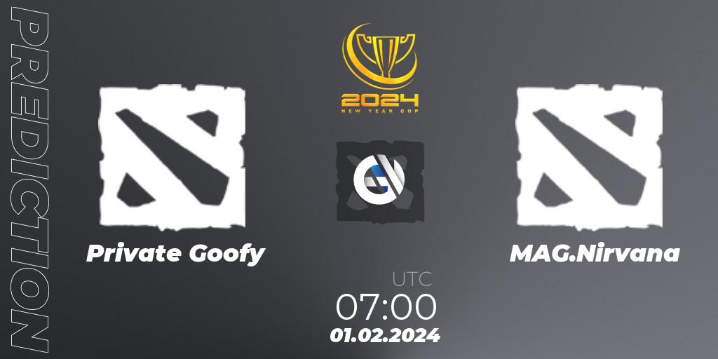 Private Goofy contre MAG.Nirvana : prédiction de match. 01.02.2024 at 07:00. Dota 2, New Year Cup 2024