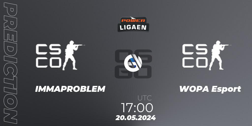 IMMAPROBLEM contre WOPA Esport : prédiction de match. 20.05.2024 at 17:00. Counter-Strike (CS2), Dust2.dk Ligaen Season 26