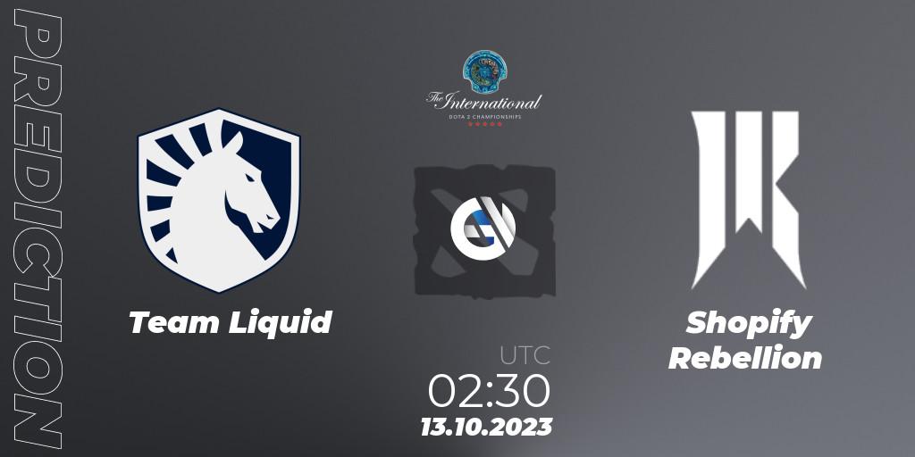 Team Liquid contre Shopify Rebellion : prédiction de match. 13.10.2023 at 02:49. Dota 2, The International 2023 - Group Stage