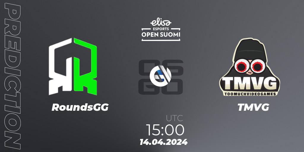 RoundsGG contre TMVG : prédiction de match. 14.04.2024 at 15:00. Counter-Strike (CS2), Elisa Open Suomi Season 6