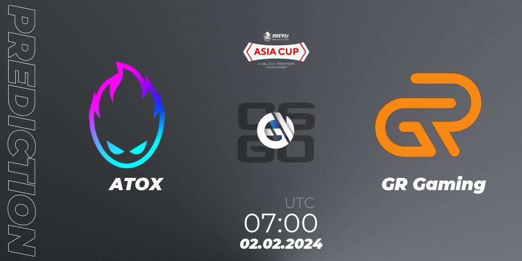 ATOX contre GR Gaming : prédiction de match. 02.02.2024 at 07:00. Counter-Strike (CS2), 5E Arena Asia Cup Spring 2024 - BLAST Premier Qualifier