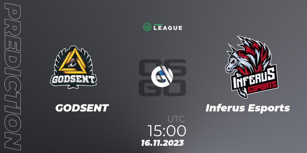 GODSENT contre Inferus Esports : prédiction de match. 16.11.2023 at 15:00. Counter-Strike (CS2), ESEA Season 47: Advanced Division - Europe
