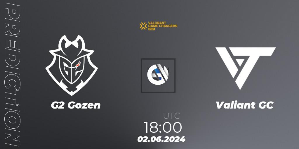 G2 Gozen contre Valiant GC : prédiction de match. 02.06.2024 at 18:00. VALORANT, VCT 2024: Game Changers EMEA Stage 2