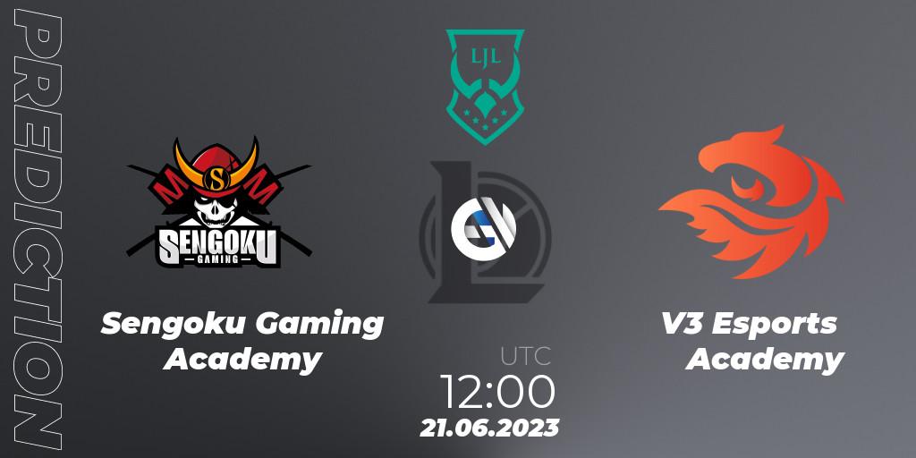 Sengoku Gaming Academy contre V3 Esports Academy : prédiction de match. 21.06.2023 at 12:00. LoL, LJL Academy 2023 - Group Stage