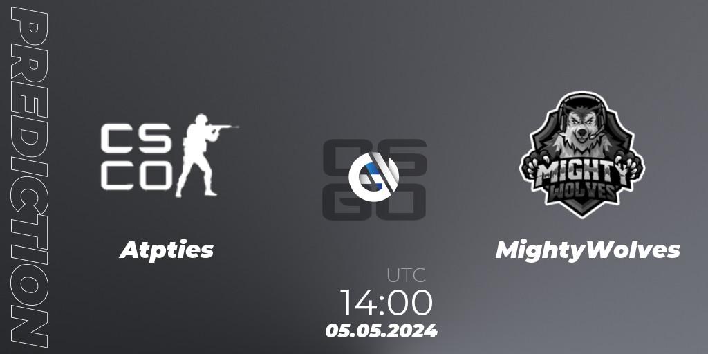 Atpūties contre MightyWolves : prédiction de match. 05.05.2024 at 14:00. Counter-Strike (CS2), kleverr Virslīga Season 2
