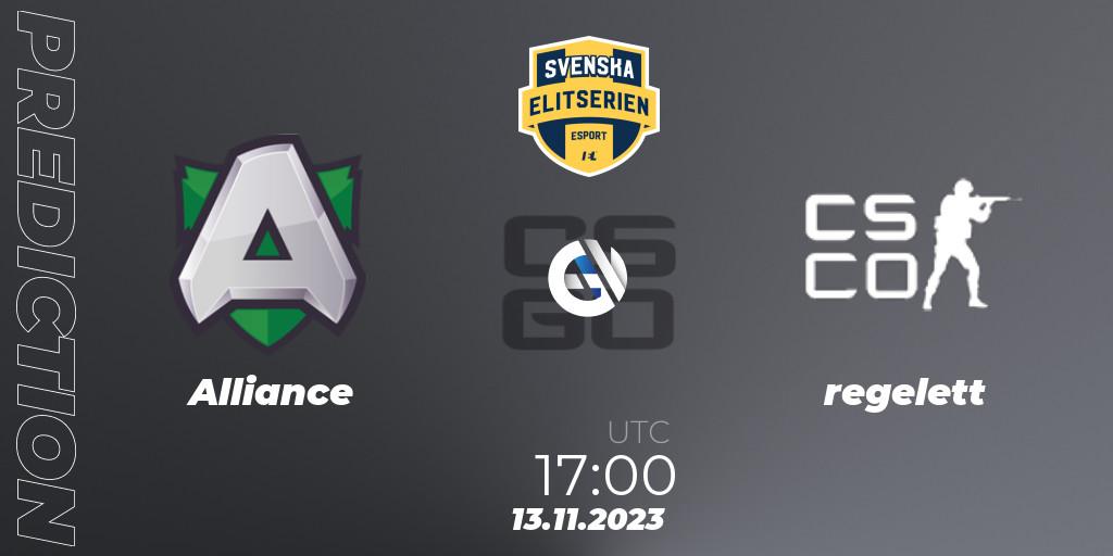 Alliance contre regelett : prédiction de match. 13.11.2023 at 17:00. Counter-Strike (CS2), Svenska Elitserien Fall 2023: Online Stage