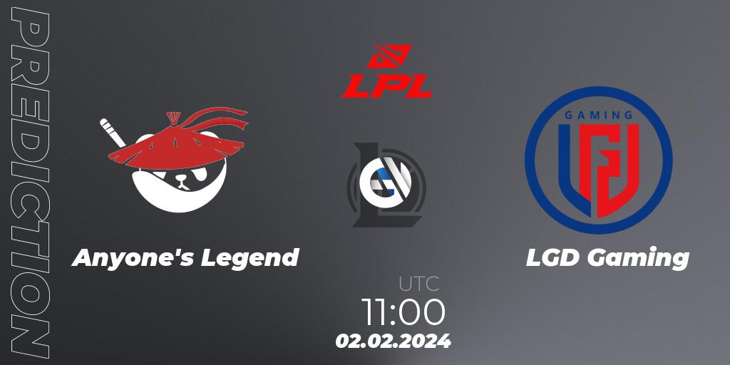 Anyone's Legend contre LGD Gaming : prédiction de match. 02.02.2024 at 11:00. LoL, LPL Spring 2024 - Group Stage