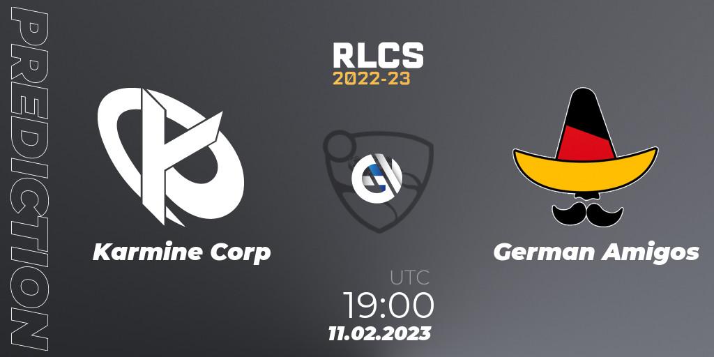 Karmine Corp contre German Amigos : prédiction de match. 11.02.2023 at 18:55. Rocket League, RLCS 2022-23 - Winter: Europe Regional 2 - Winter Cup