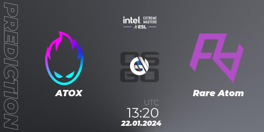 ATOX contre Rare Atom : prédiction de match. 22.01.2024 at 13:20. Counter-Strike (CS2), Intel Extreme Masters China 2024: Asian Open Qualifier #1