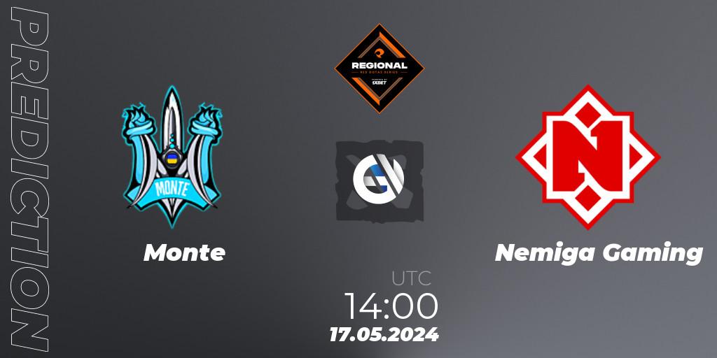 Monte contre Nemiga Gaming : prédiction de match. 17.05.2024 at 14:20. Dota 2, RES Regional Series: EU #2