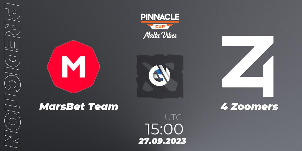 MarsBet Team contre 4 Zoomers : prédiction de match. 27.09.2023 at 15:00. Dota 2, Pinnacle Cup: Malta Vibes #4