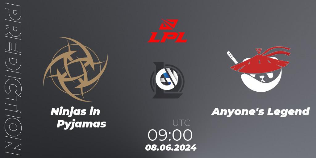 Ninjas in Pyjamas contre Anyone's Legend : prédiction de match. 08.06.2024 at 09:00. LoL, LPL 2024 Summer - Group Stage