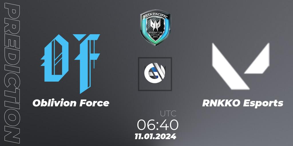 Oblivion Force contre RNKKO Esports : prédiction de match. 11.01.2024 at 06:40. VALORANT, Asia Pacific Predator League 2024