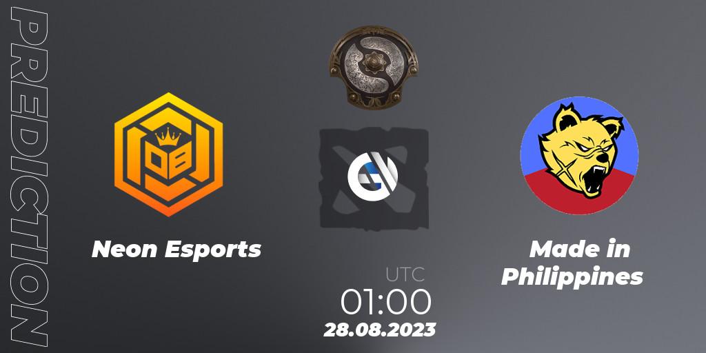 Neon Esports contre Made in Philippines : prédiction de match. 28.08.2023 at 01:02. Dota 2, The International 2023 - Southeast Asia Qualifier