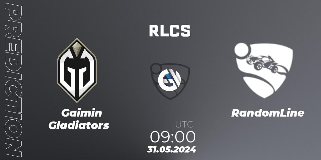 Gaimin Gladiators contre RandomLine : prédiction de match. 31.05.2024 at 09:00. Rocket League, RLCS 2024 - Major 2: APAC Open Qualifier 6