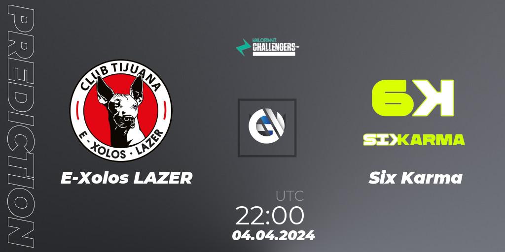 E-Xolos LAZER contre Six Karma : prédiction de match. 04.04.2024 at 22:00. VALORANT, VALORANT Challengers 2024: LAN Split 1
