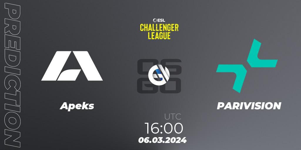 Apeks contre PARIVISION : prédiction de match. 06.03.24. CS2 (CS:GO), ESL Challenger League Season 47: Europe