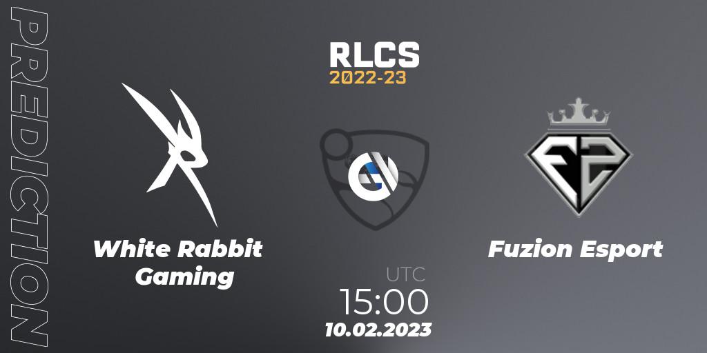 White Rabbit Gaming contre Fuzion Esport : prédiction de match. 10.02.2023 at 15:00. Rocket League, RLCS 2022-23 - Winter: Sub-Saharan Africa Regional 2 - Winter Cup
