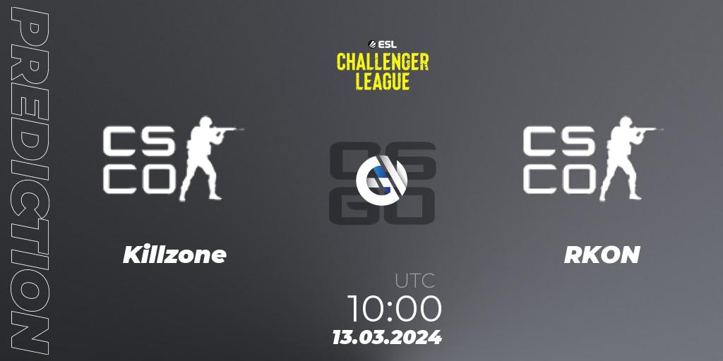Killzone contre RKON : prédiction de match. 13.03.2024 at 10:00. Counter-Strike (CS2), ESL Challenger League Season 47: Oceania