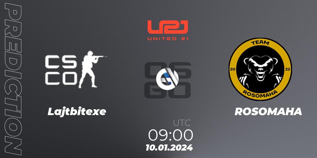 Lajtbitexe contre ROSOMAHA : prédiction de match. 10.01.2024 at 09:00. Counter-Strike (CS2), United21 Season 10