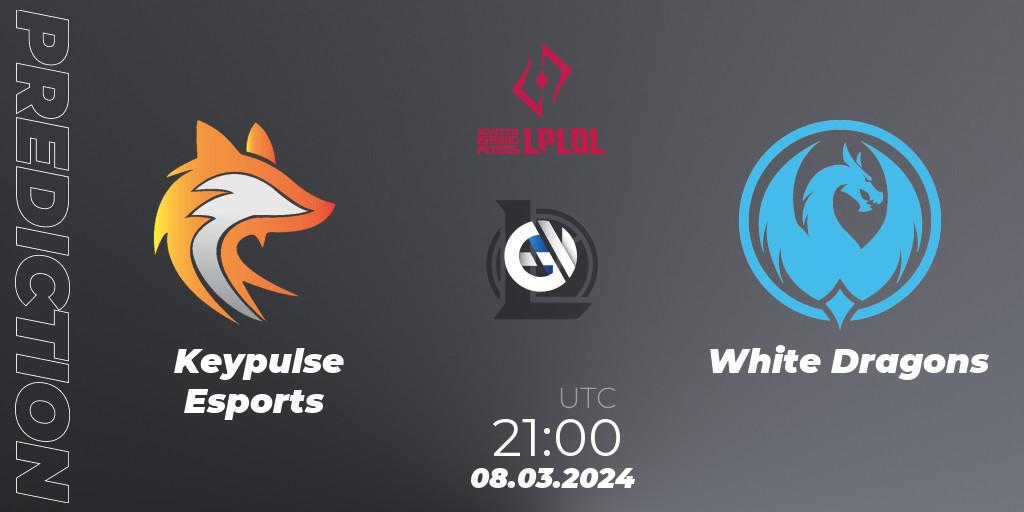 Keypulse Esports contre White Dragons : prédiction de match. 08.03.2024 at 21:00. LoL, LPLOL Split 1 2024