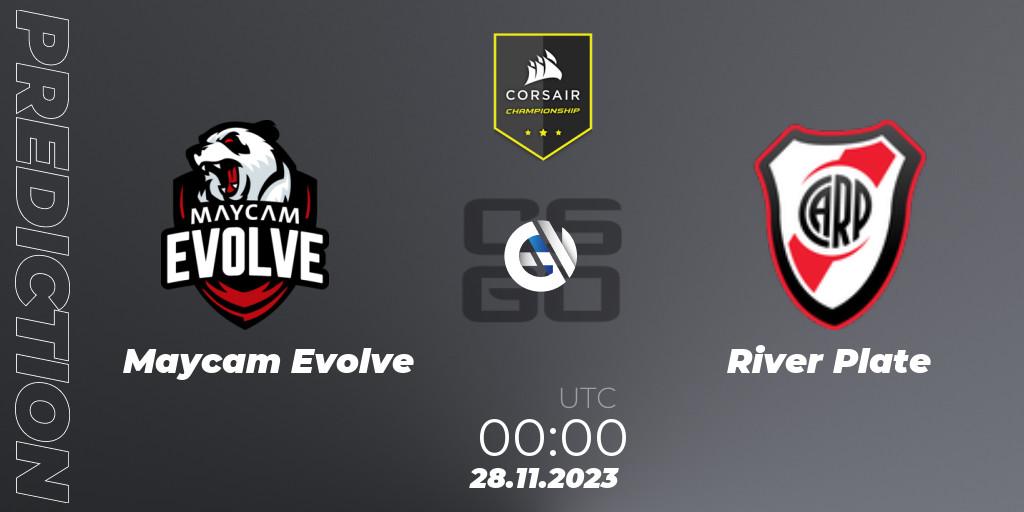 Maycam Evolve contre River Plate : prédiction de match. 28.11.2023 at 00:00. Counter-Strike (CS2), Corsair Championship 2023