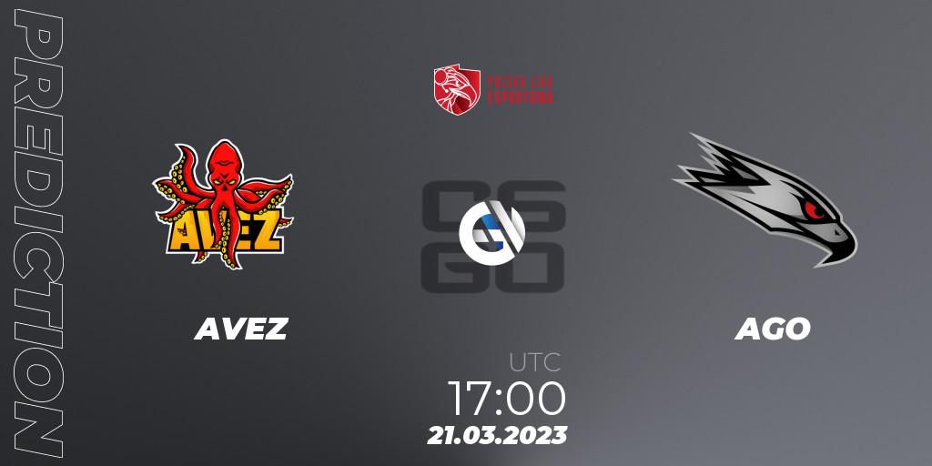 AVEZ contre AGO : prédiction de match. 21.03.2023 at 17:00. Counter-Strike (CS2), Polska Liga Esportowa 2023: Split #1
