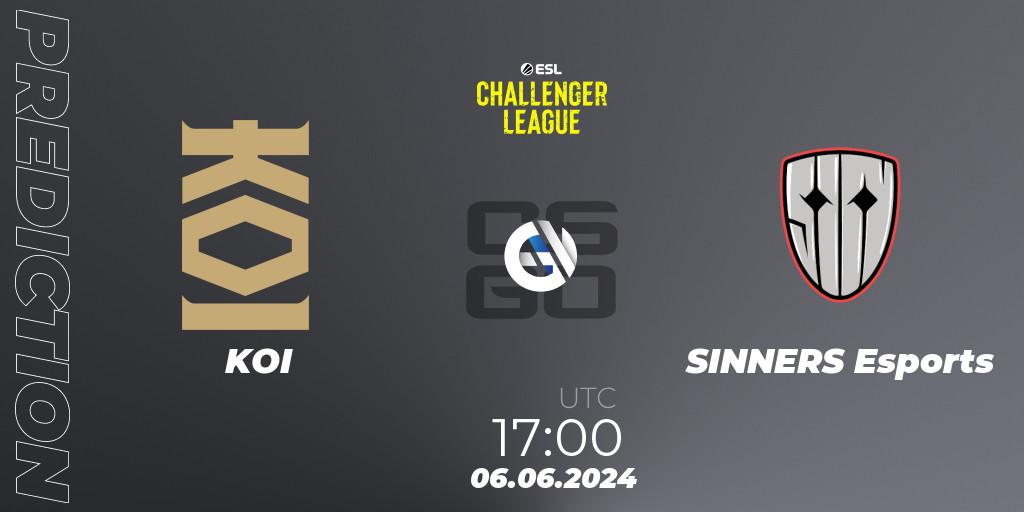 KOI contre SINNERS Esports : prédiction de match. 06.06.2024 at 17:00. Counter-Strike (CS2), ESL Challenger League Season 47: Europe