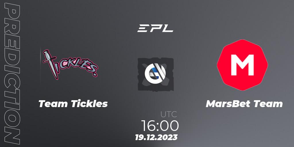 Team Tickles contre MarsBet Team : prédiction de match. 22.12.2023 at 10:01. Dota 2, European Pro League Season 15
