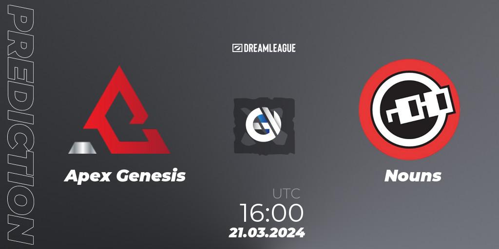 Apex Genesis contre Nouns : prédiction de match. 21.03.24. Dota 2, DreamLeague Season 23: North America Closed Qualifier