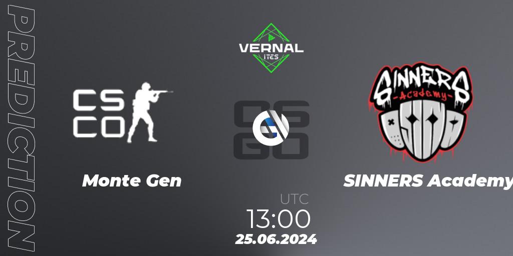 Monte Gen contre SINNERS Academy : prédiction de match. 25.06.2024 at 13:00. Counter-Strike (CS2), ITES Vernal
