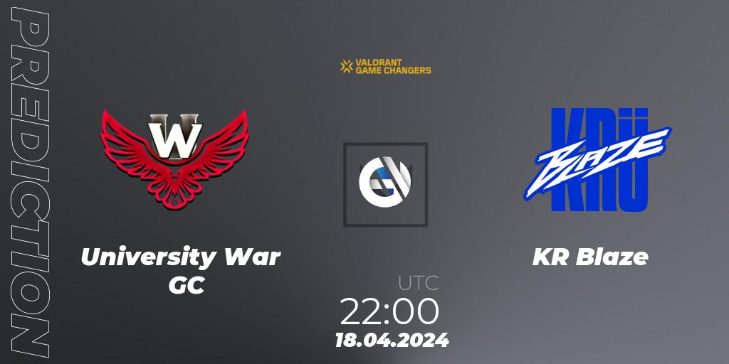 University War GC contre KRÜ Blaze : prédiction de match. 18.04.2024 at 22:00. VALORANT, VCT 2024: Game Changers LAS - Opening