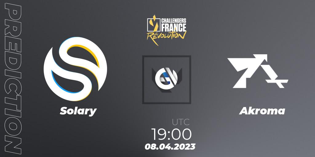 Solary contre Akroma : prédiction de match. 08.04.2023 at 19:00. VALORANT, VALORANT Challengers France: Revolution Split 2 - Regular Season
