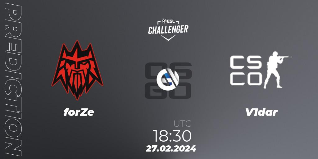 forZe contre V1dar Gaming : prédiction de match. 27.02.2024 at 18:35. Counter-Strike (CS2), ESL Challenger #56: European Open Qualifier